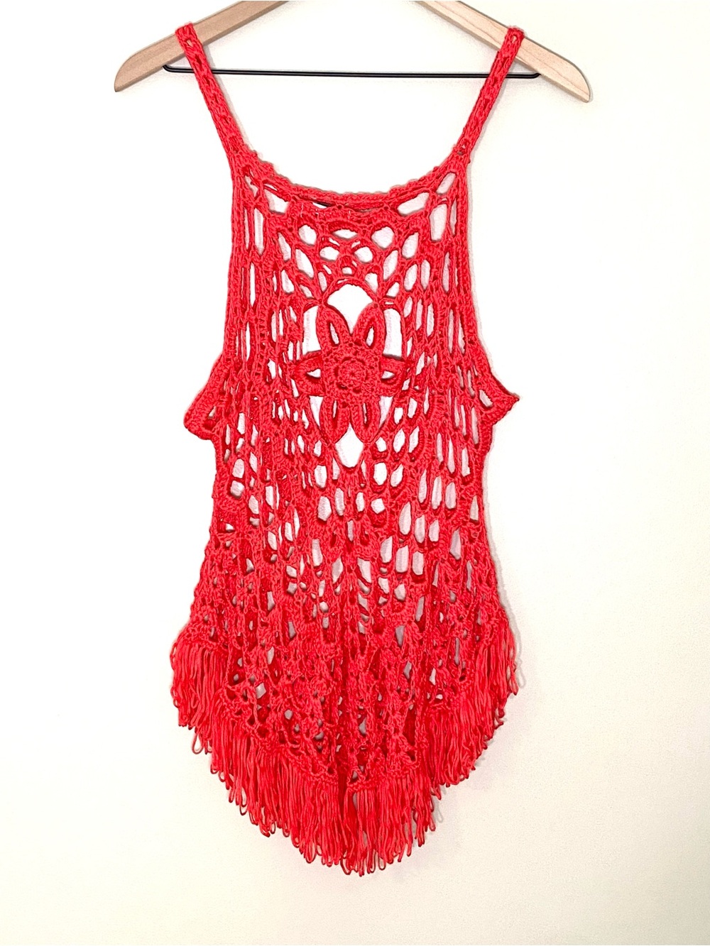 Bright Vibrant Coral Red Boho Crochet Floral Fringe V Tunic Tank Top Cover Up - Picture 2 of 8